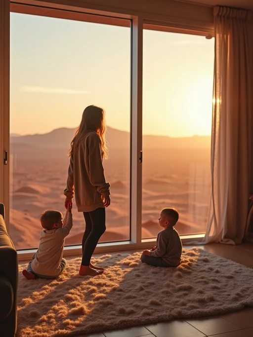 model in a futuristic living room with children playing. Mars red dunes is visible in big windows. if(gender=f){model wears a relaxed cardigan and leggings.} if(gender=m){model wears a hoodie and jeans.}