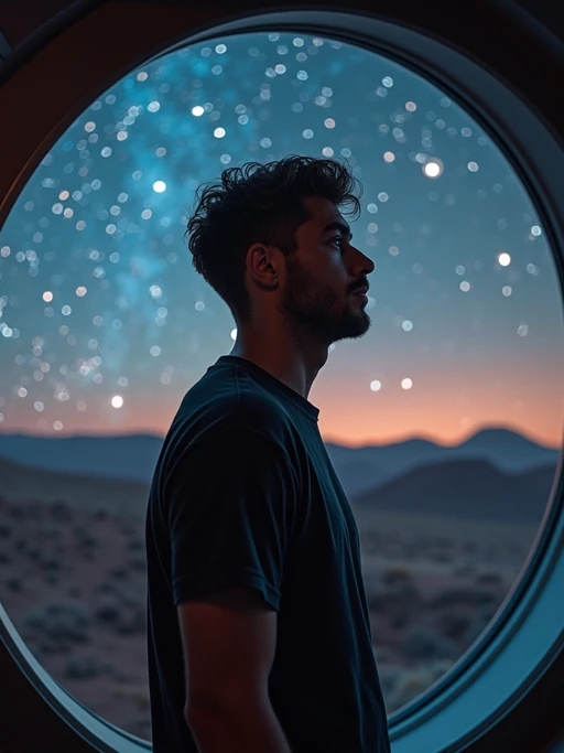 model inside indoor Space Observatory on Mars. only stars visible in ceiling glass at night. model wearing casual clothes.