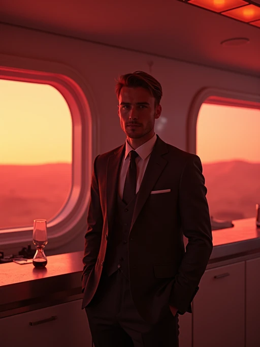 model in a futuristic coktail bar on Mars. at night. indoors with futuristic interior. Mars red dunes is visible in big windows. if(gender=f){model wears an elegant dress.} if(gender=m){model wears a suit.}