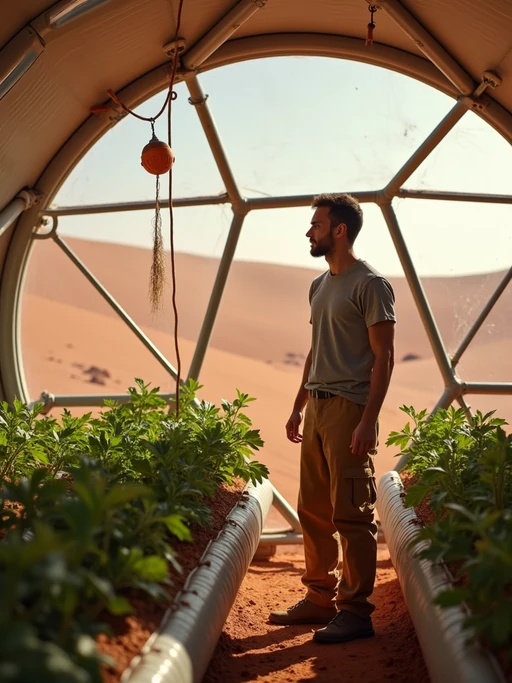 model in a futuristic geodesic dome growing plants, fruits and vegetables on Mars, with the Mars red dunes visible in windows. if(gender=f){model wears overalls and a long-sleeve shirt.} if(gender=m){model wears a t-shirt and work pants.}
