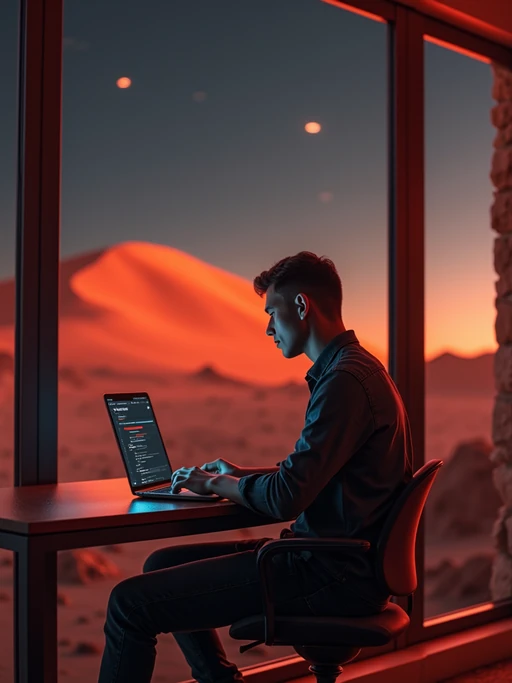 model working on a laptop indoor a co-working space on Mars at night. Mars red dunes is visible in big windows. if(gender=f){model wears a casual blouse and black leggings.} if(gender=m){model wears a fitted shirt and jeans.}