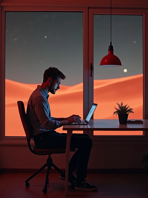 model working on a laptop indoor a co-working space on Mars at night. Mars red dunes is visible in big windows. if(gender=f){model wears a casual blouse and black leggings.} if(gender=m){model wears a fitted shirt and jeans.}