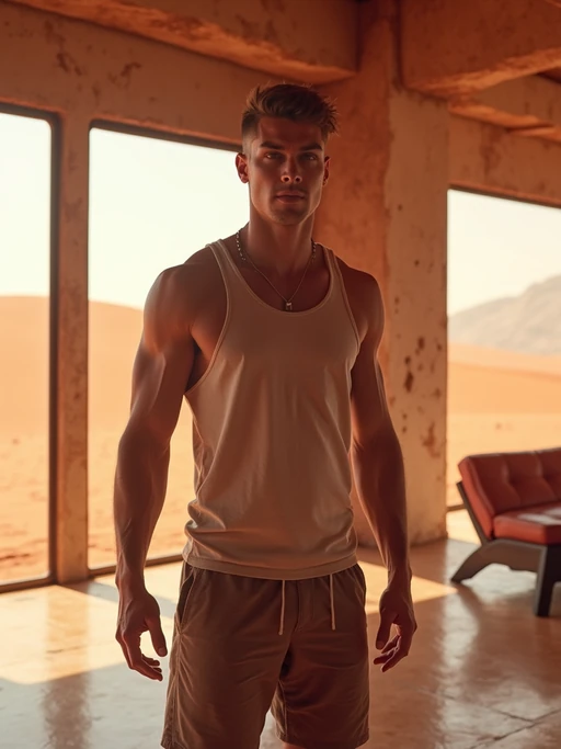 model in a futuristic gym on Mars with large windows. Mars red dunes in the big windows. if(gender=f){model wears athletic wear: sports bra and high-waisted leggings.} if(gender=m){model wears a tank top and shorts.}