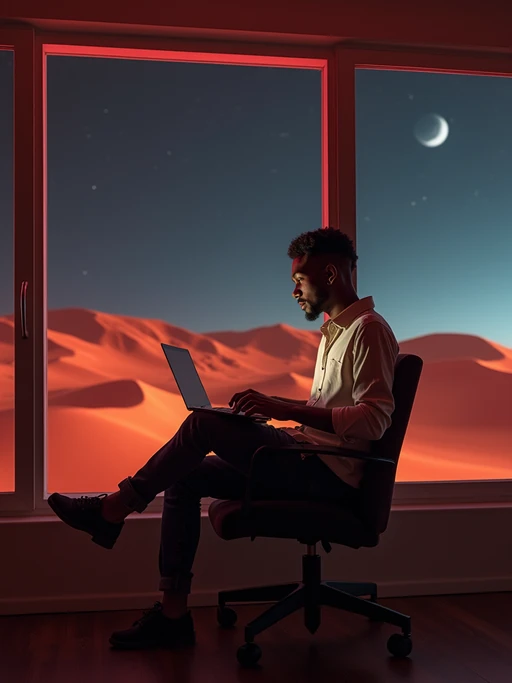 model working on a laptop indoor a co-working space on Mars at night. Mars red dunes is visible in big windows. if(gender=f){model wears a casual blouse and black leggings.} if(gender=m){model wears a fitted shirt and jeans.}