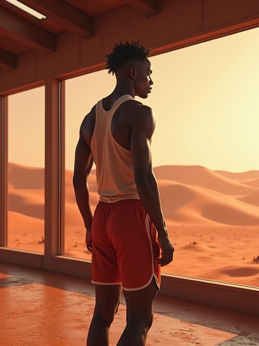model in a futuristic gym on Mars with large windows. Mars red dunes in the big windows. if(gender=f){model wears athletic wear: sports bra and high-waisted leggings.} if(gender=m){model wears a tank top and shorts.}