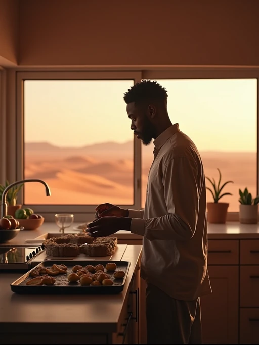 model inside in an indoor kitchen preparing food with Mars red dunes in the big windows. if(gender=f){model wears a simple t-shirt and leggings.} if(gender=m){model wears a relaxed long-sleeve shirt and joggers.}