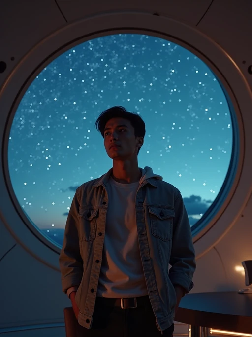model inside indoor Space Observatory on Mars. only stars visible in ceiling glass at night. model wearing casual clothes.