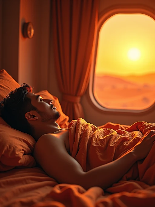 model waking up in bed on Mars at sunrise covered in duvet. Mars red dunes is visible in big windows.