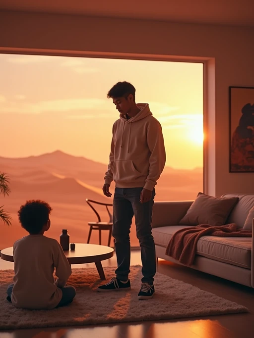 model in a futuristic living room with children playing. Mars red dunes is visible in big windows. if(gender=f){model wears a relaxed cardigan and leggings.} if(gender=m){model wears a hoodie and jeans.}