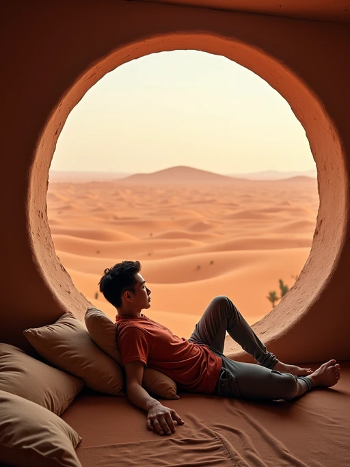 model relaxing in a Mars habitat lounge area. Mars red dunes is visible in big windows. if(gender=f){model wears a comfy sweater and joggers.} if(gender=m){model wears a casual t-shirt and sweatpants.}
