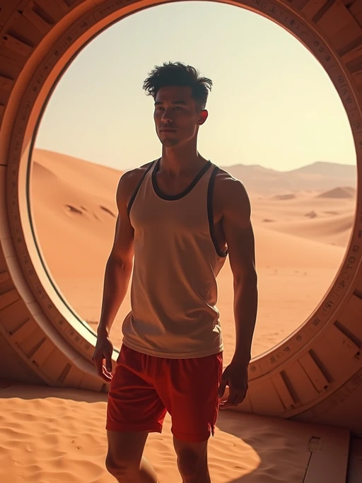 model in a futuristic gym on Mars with large windows. Mars red dunes in the big windows. if(gender=f){model wears athletic wear: sports bra and high-waisted leggings.} if(gender=m){model wears a tank top and shorts.}