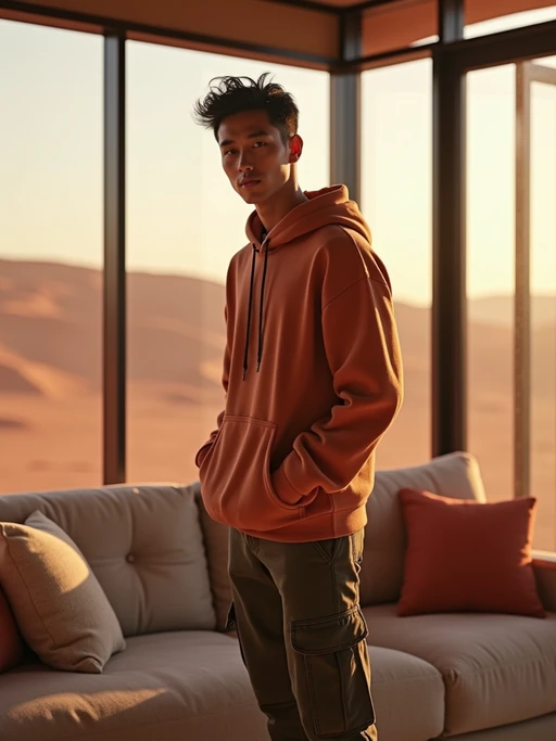 model in a modern living room on Mars with the Mars red dunes visible in the big windows. if(gender=f){model wears a fitted jumpsuit with sneakers.} if(gender=m){model wears a casual hoodie and cargo pants.}