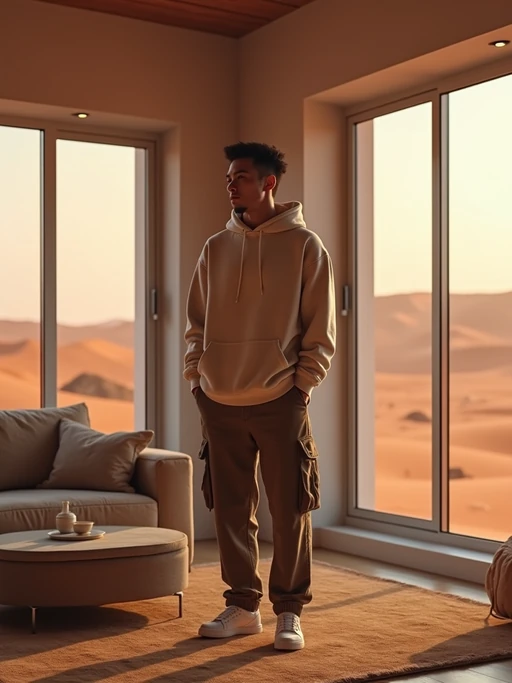 model in a modern living room on Mars with the Mars red dunes visible in the big windows. if(gender=f){model wears a fitted jumpsuit with sneakers.} if(gender=m){model wears a casual hoodie and cargo pants.}