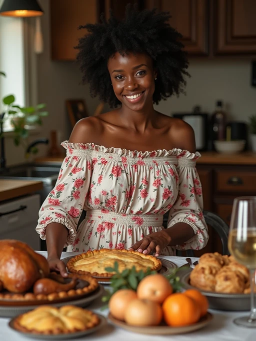 model setting a beautifully arranged table for a holiday meal, wearing a floral off-the-shoulder smocked dress with lace details, carefully placing homemade pies and roasts