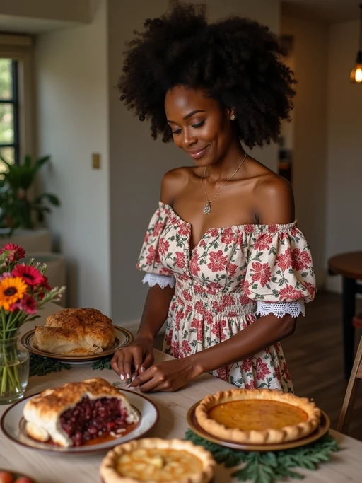 model setting a beautifully arranged table for a holiday meal, wearing a floral off-the-shoulder smocked dress with lace details, carefully placing homemade pies and roasts