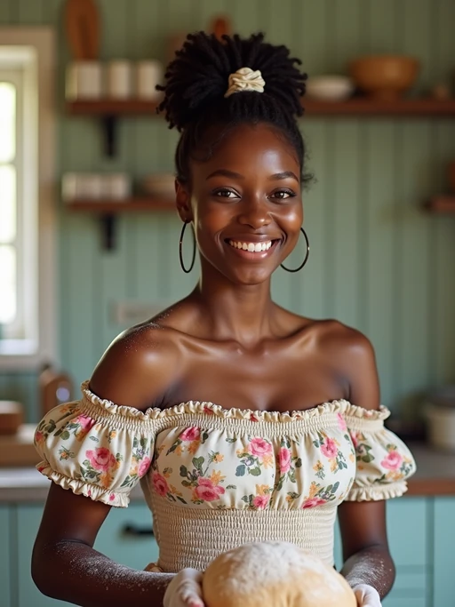 model in a quaint, pastel-painted kitchen baking homemade bread, wearing a floral off-the-shoulder smocked dress, hair tied with a ribbon, flour on hands