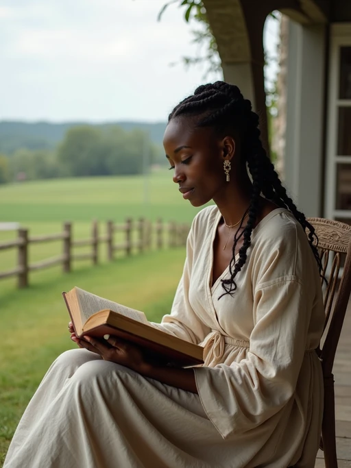 model reading a classic novel on a porch with countryside views, wearing a simple linen dress, with a shawl wrapped around her shoulders, hair in braids