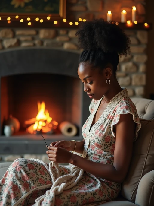 model sewing or knitting by the fireplace in a rustic living room, wearing a floral print dress with a lace collar, hair in a neat bun, with soft lighting around
