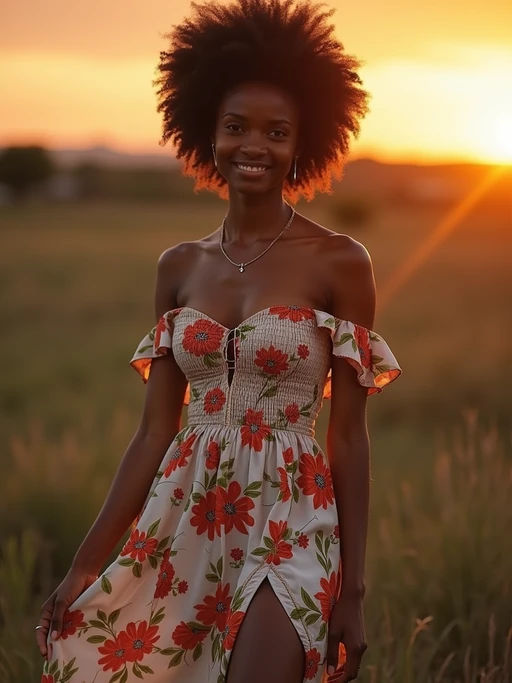 model hosting a traditional family dinner outside at sunset, wearing a floral off-the-shoulder smocked dress with a sweetheart neckline and a thigh-high slit
