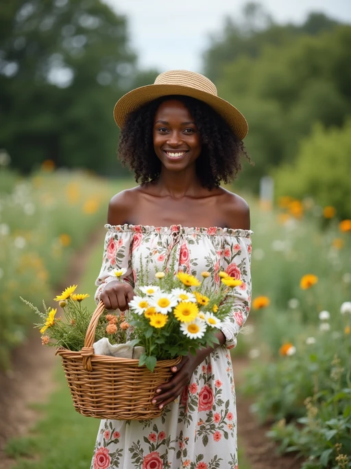 model tending to a garden in the countryside during the day, wearing a long-sleeved floral off-the-shoulder dress, a sunhat, and holding a basket of freshly picked flowers