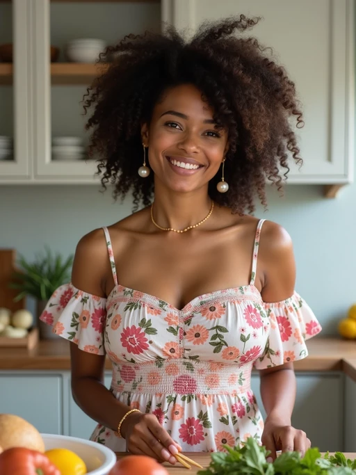 model in a bright kitchen preparing a homemade meal, wearing a floral off-the-shoulder smocked dress, hair in soft curls, with pearl earrings