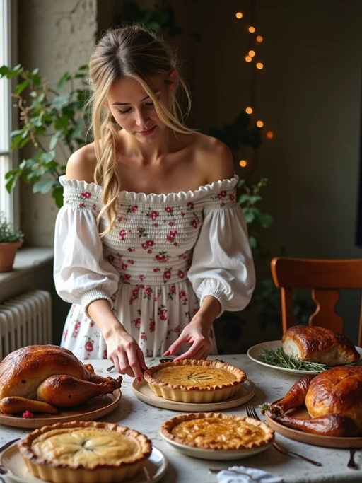 model setting a beautifully arranged table for a holiday meal, wearing a floral off-the-shoulder smocked dress with lace details, carefully placing homemade pies and roasts