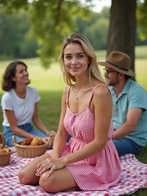 model at a countryside picnic with family, wearing a gingham dress, sitting on a picnic blanket with home-baked goods, family members around