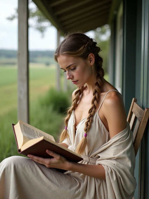 model reading a classic novel on a porch with countryside views, wearing a simple linen dress, with a shawl wrapped around her shoulders, hair in braids