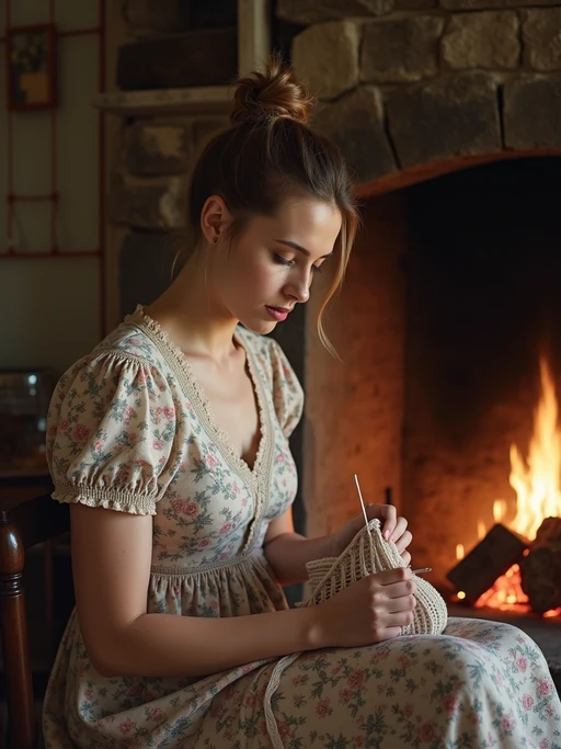 model sewing or knitting by the fireplace in a rustic living room, wearing a floral print dress with a lace collar, hair in a neat bun, with soft lighting around