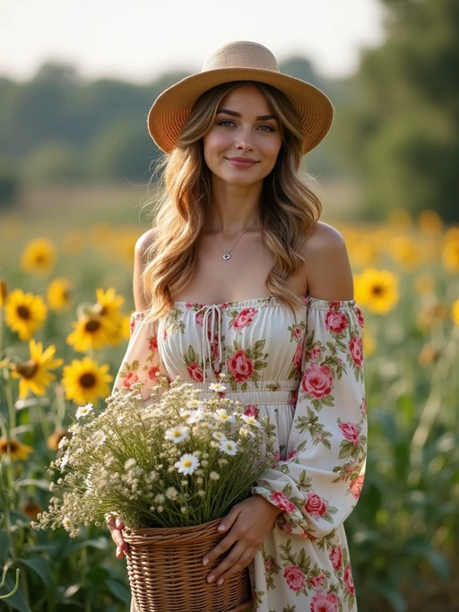 model tending to a garden in the countryside during the day, wearing a long-sleeved floral off-the-shoulder dress, a sunhat, and holding a basket of freshly picked flowers