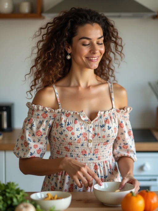 model in a bright kitchen preparing a homemade meal, wearing a floral off-the-shoulder smocked dress, hair in soft curls, with pearl earrings