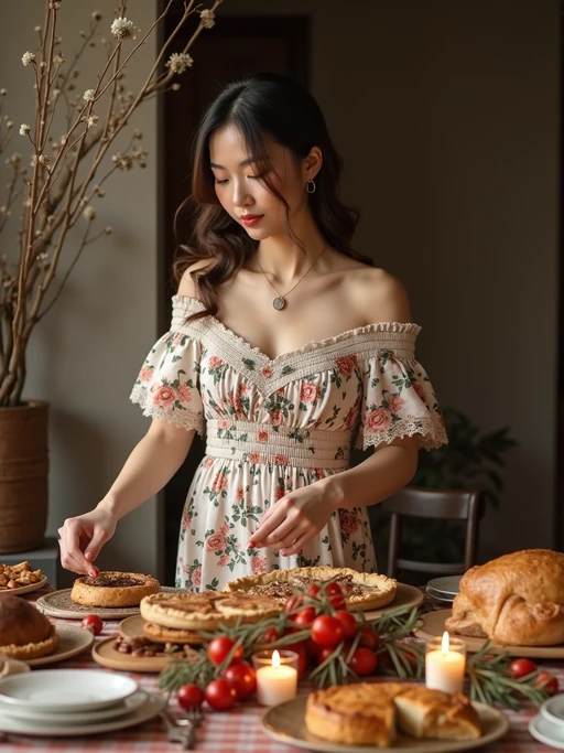 model setting a beautifully arranged table for a holiday meal, wearing a floral off-the-shoulder smocked dress with lace details, carefully placing homemade pies and roasts