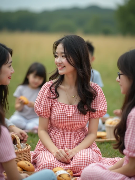 model at a countryside picnic with family, wearing a gingham dress, sitting on a picnic blanket with home-baked goods, family members around