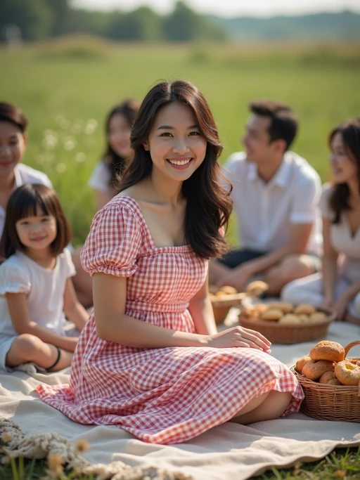 model at a countryside picnic with family, wearing a gingham dress, sitting on a picnic blanket with home-baked goods, family members around