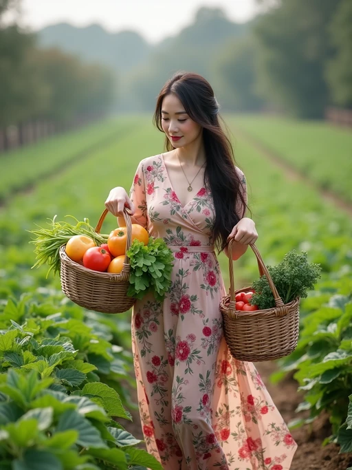 model picking fruits and vegetables on the home farm with wicker baskets, wearing a long, flowing dress with floral patterns, carrying fresh produce