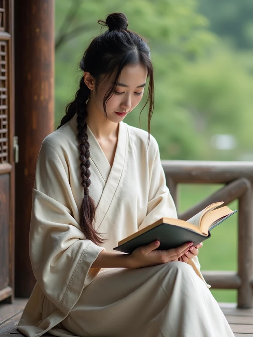 model reading a classic novel on a porch with countryside views, wearing a simple linen dress, with a shawl wrapped around her shoulders, hair in braids