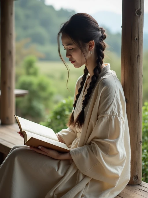 model reading a classic novel on a porch with countryside views, wearing a simple linen dress, with a shawl wrapped around her shoulders, hair in braids
