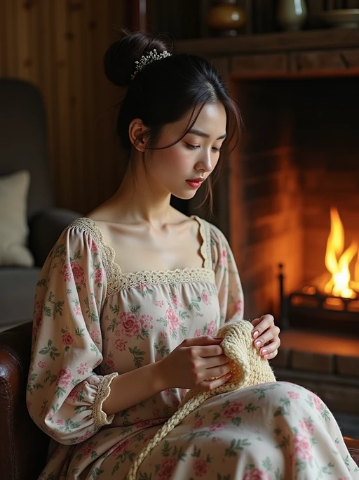 model sewing or knitting by the fireplace in a rustic living room, wearing a floral print dress with a lace collar, hair in a neat bun, with soft lighting around