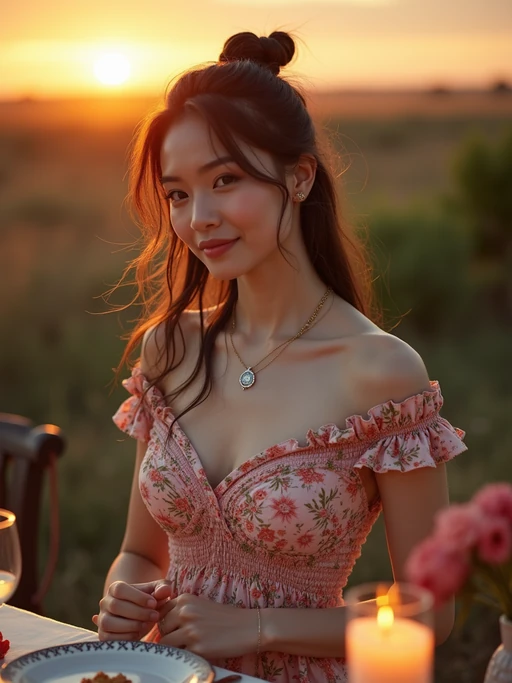 model hosting a traditional family dinner outside at sunset, wearing a floral off-the-shoulder smocked dress with a sweetheart neckline and a thigh-high slit