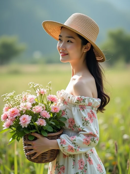 model tending to a garden in the countryside during the day, wearing a long-sleeved floral off-the-shoulder dress, a sunhat, and holding a basket of freshly picked flowers