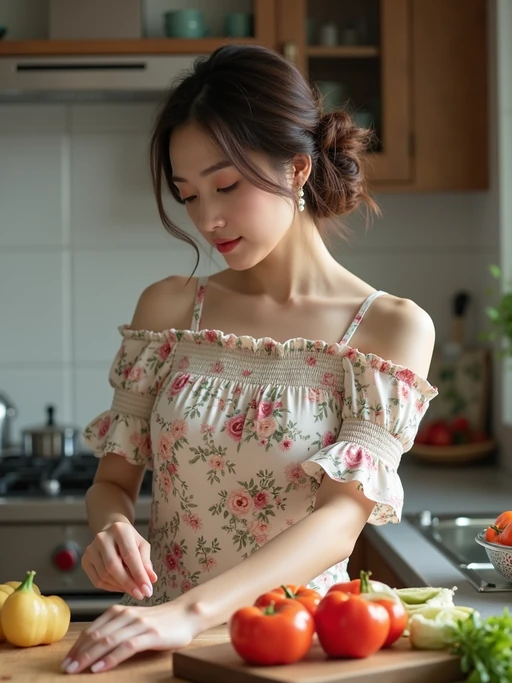 model in a bright kitchen preparing a homemade meal, wearing a floral off-the-shoulder smocked dress, hair in soft curls, with pearl earrings