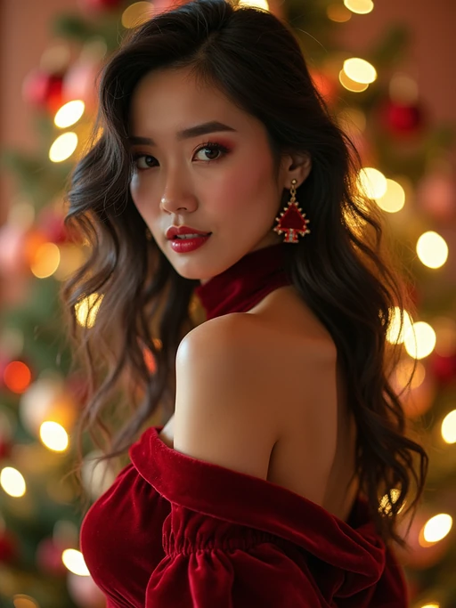 model wearing (naughty Christmas) (sexy Christmas costume) (velvet dress) (Christmas outfit), festive outfit posing for photo, background is Christmas decorations and lights