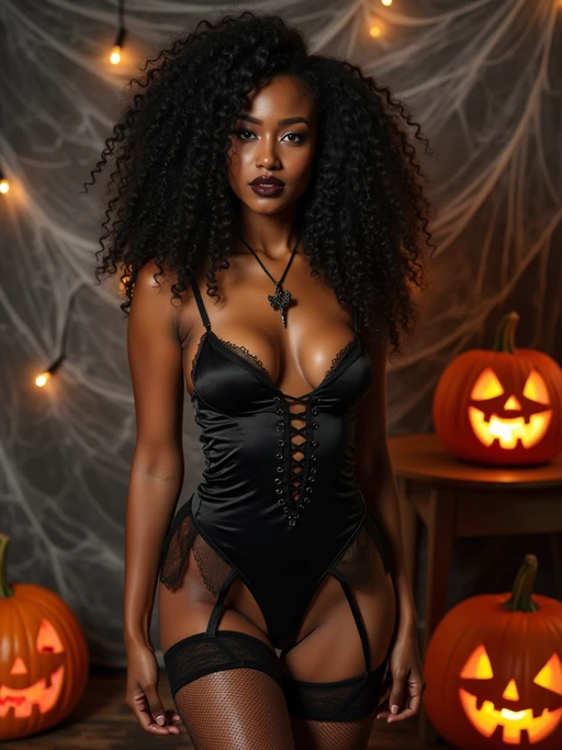 model wearing (naughty halloween) (sexy halloween costume) (stockings) (halloween outfit), spooky outfit posing for photo, background is halloween pumpkins and spiderwebs