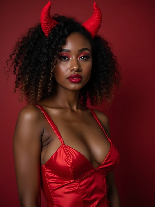 model wearing (naughty halloween) (sexy halloween costume) red devil outfit posing for photo