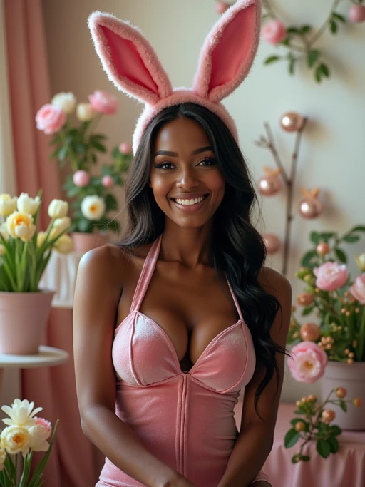 Model wearing (naughty bunny) (sexy Easter costume) (velvet bodysuit) (bunny ears) with a festive spring backdrop full of blooming flowers and Easter decorations.