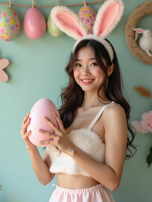 A model dressed in a cute and seductive bunny outfit, holding an oversized Easter egg and posing with playful Easter decorations.