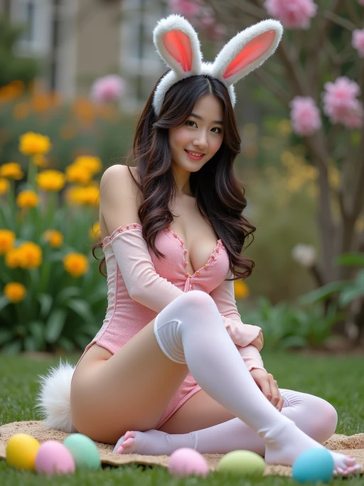 A model in a seductive Easter bunny outfit, featuring thigh-high stockings, a velvet bodysuit, bunny ears, and a fluffy tail. The setting includes colorful Easter eggs scattered around and a vibrant garden with blooming flowers. The photo highlights her playful and alluring look.