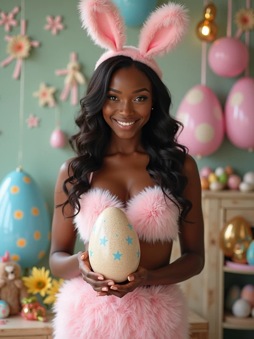 A model dressed in a cute and seductive bunny outfit, holding an oversized Easter egg and posing with playful Easter decorations.