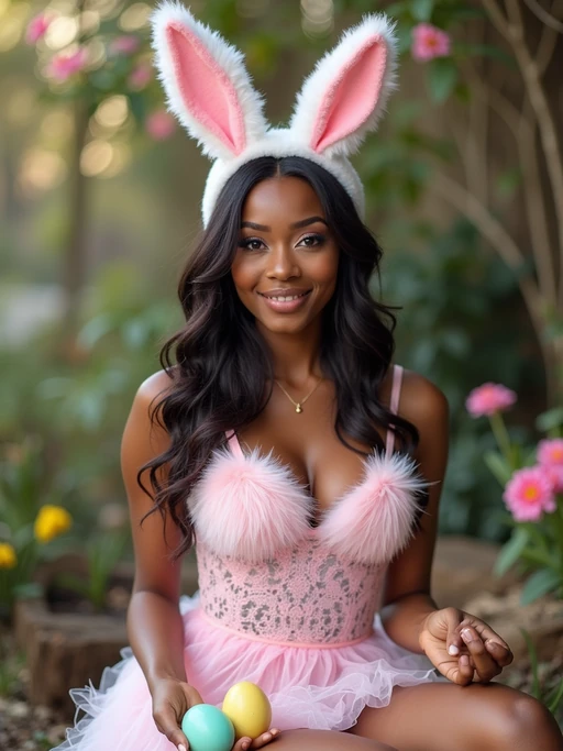 Model wearing (naughty bunny) (sexy Easter bunny costume) posing with Easter eggs and festive decorations, background includes a spring garden theme.