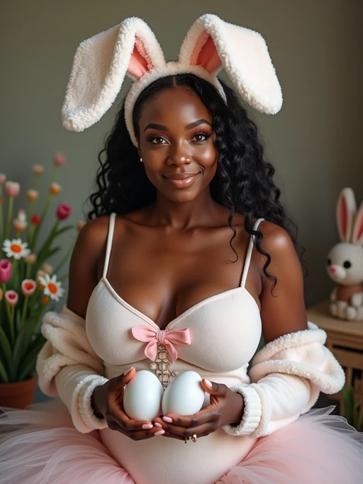 Model wearing (naughty bunny) (sexy Easter bunny costume) posing with Easter eggs and festive decorations, background includes a spring garden theme.